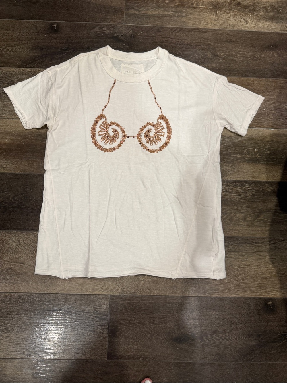 Aerie White Oversized Boyfriend T-Shirt with Brown Bikini Top Design